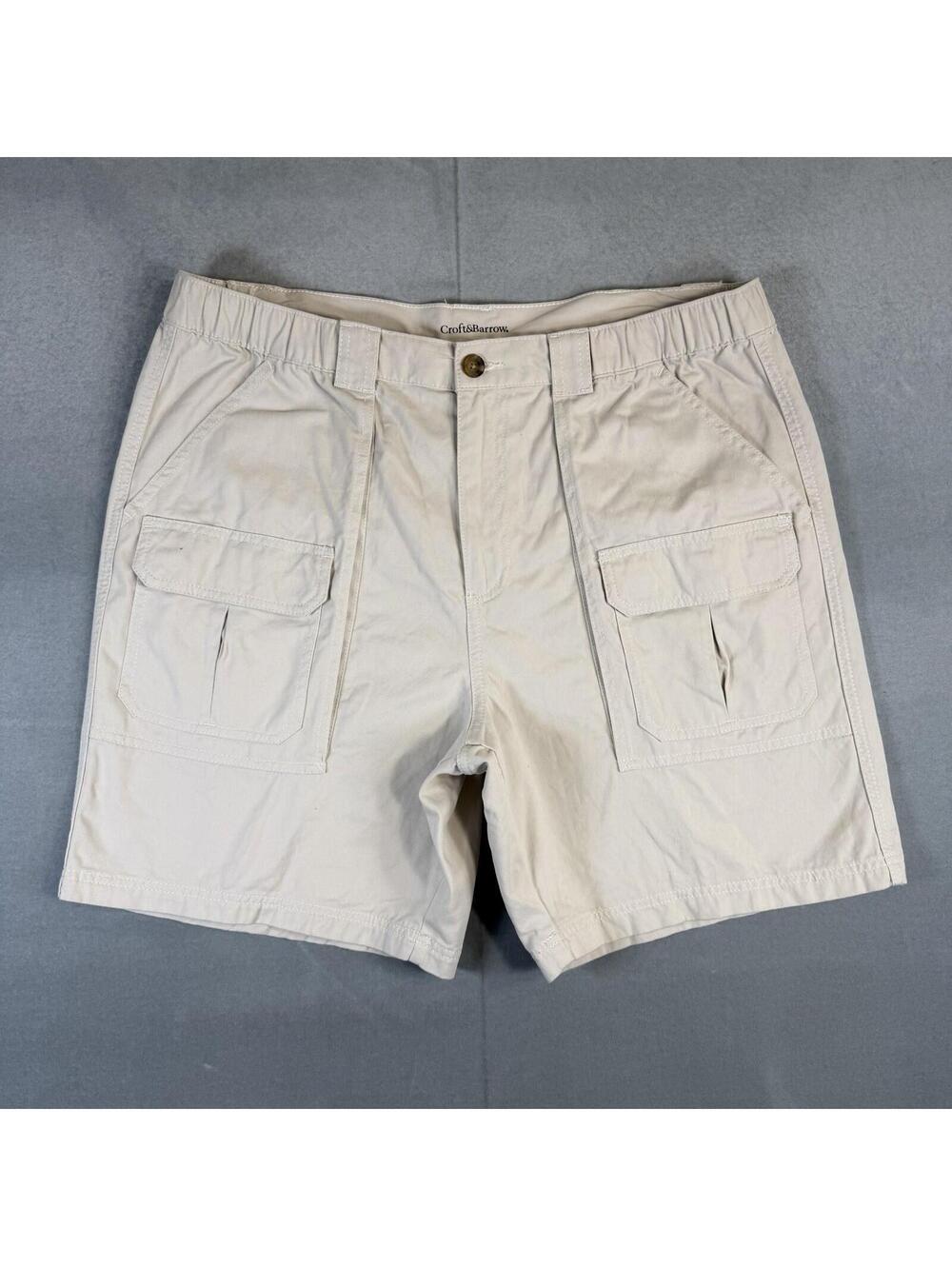 Croft & Barrow Cargo Shorts Mens 38 Cream Beige Elastic Waist 7" Inseam